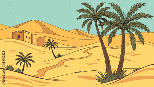 Desert Landscape Silhouette Illustration with Cacti and Sunset