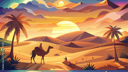 Desert Landscape Silhouette Illustration with Cacti and Sunset