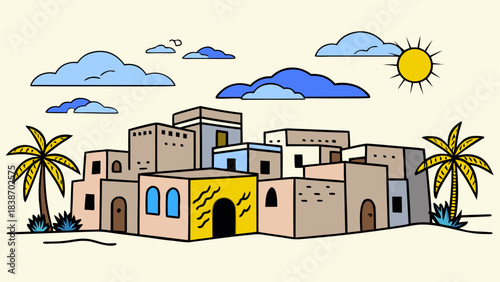 Desert Landscape Silhouette Illustration with Cacti and Sunset