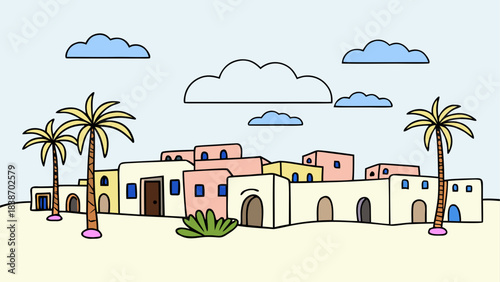 Desert Landscape Silhouette Illustration with Cacti and Sunset