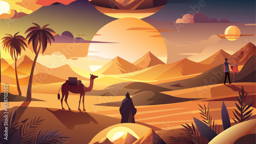 Desert Landscape Silhouette Illustration with Cacti and Sunset
