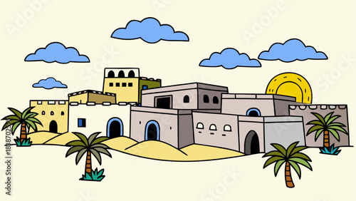 Desert Landscape Silhouette Illustration with Cacti and Sunset