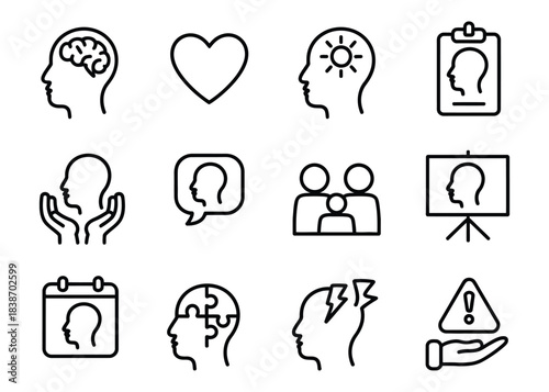 Mental Health Icon Set, a thin line editable vector collection featuring brain, therapy, counseling, emotional wellness, stress management, support, and awareness icons for psychology and mental