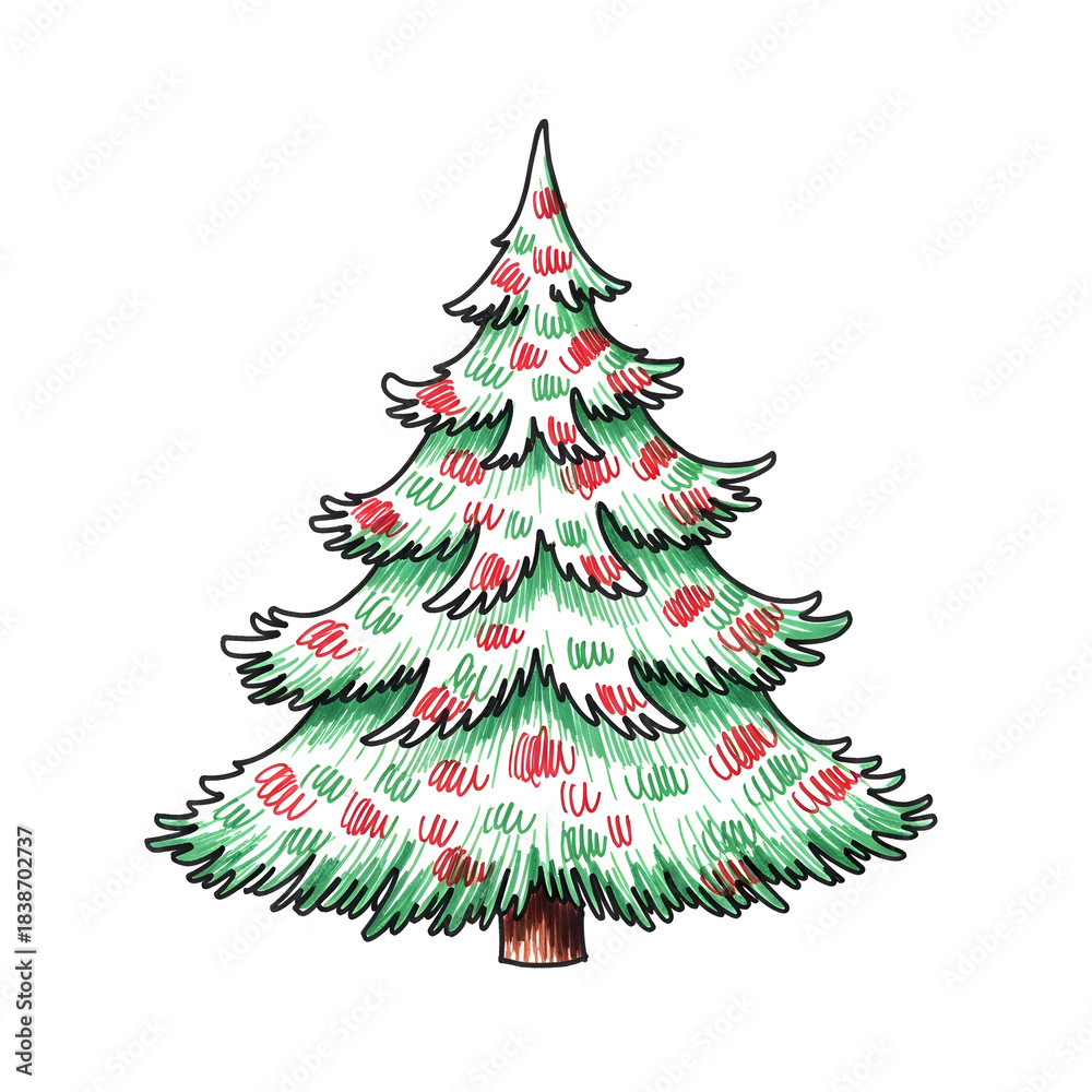 Fototapeta premium Hand-drawn illustration of a festive green Christmas tree decorated with red and green ornaments, isolated on a white background.