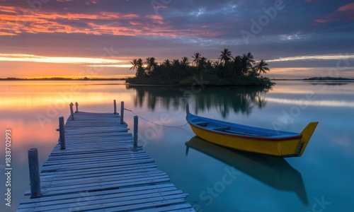 Tropical sunset scene wooden dock & yellow boat in tranquil, turquoise waters before island