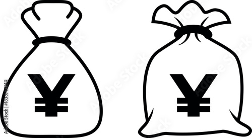Minimalist black outline vector icon of a money bag with a yen symbol, representing finance, savings