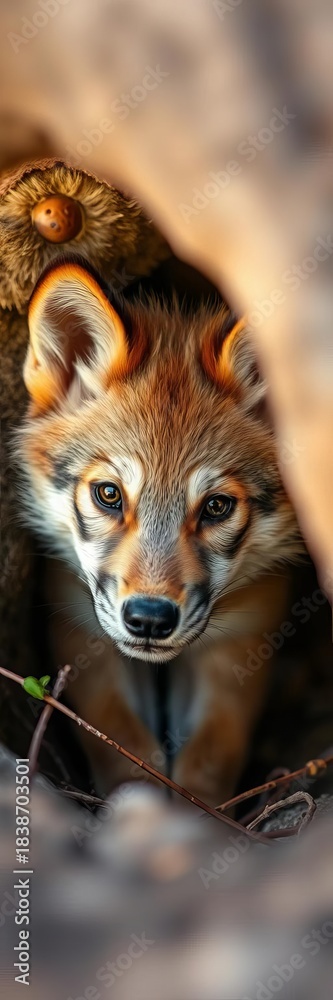 Obraz premium Tiny wolf kit peeking from den, nose twitching, ears perked Sweet, wild, curious , wolf kit, baby wolf