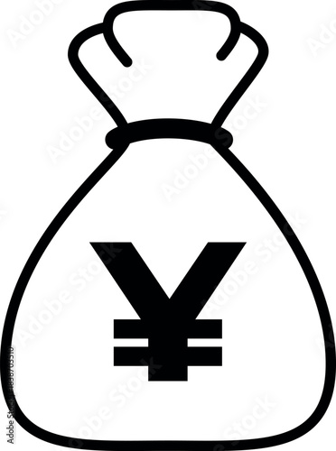 Minimalist black outline vector icon of a money bag with a yen symbol, representing finance, savings. Isolated on a transparent background