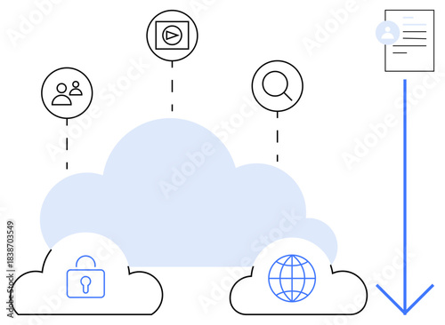 Cloud storage, data privacy, digital sharing, global connectivity, file management, secure download. A blue cloud with icons security, global access and file download. Cloud storage and data privacy