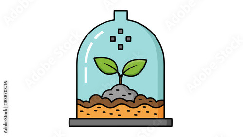 Pixel Art Illustration of a Small Green Seedling Growing in Soil Inside a Glass Bell Jar Under a Clear Sky with Four Small Squares Representing Raindrops