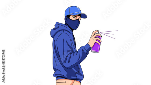 Pixel Art of a Person in a Blue Hoodie and Face Mask Spray Painting Purple on a Black Background Pixelated Style