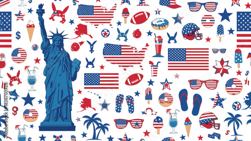 American patriotic collage, Statue of Liberty, flag icons, summer symbols, Independence Day, red white blue, USA celebration, cultural illustration