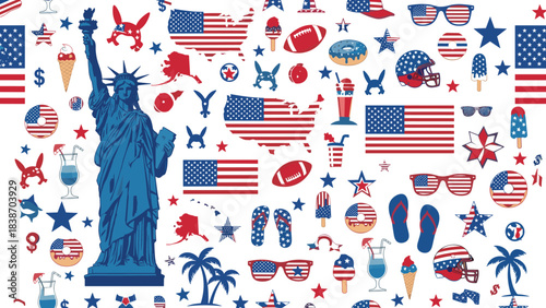American patriotic collage, Statue of Liberty, flag icons, cultural symbols, Independence Day, red white blue, USA celebration, vector illustration