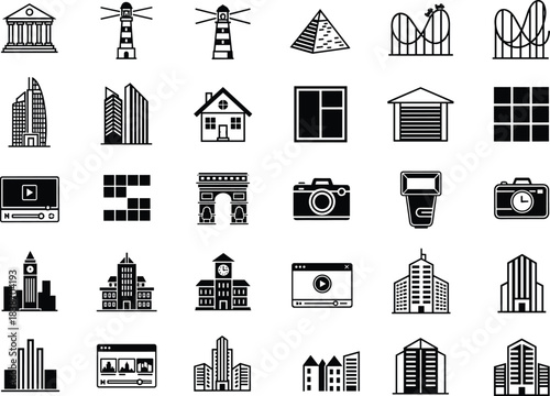 Black and white icon set featuring buildings, monuments, tech interfaces, and architectural elements for design and educational use