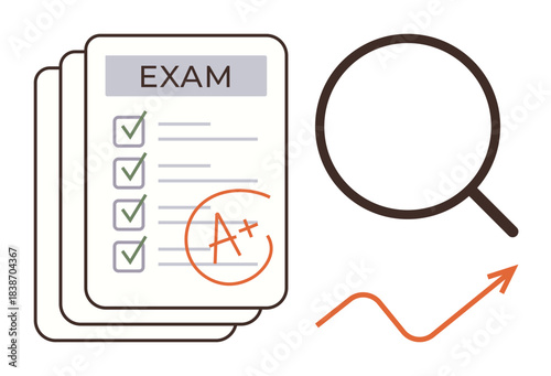 Stacked exam papers with graded A, checkmarks, magnifying glass, rising arrow for progress. Ideal for education, performance, success, analysis growth reviews academic achievement. Simple flat