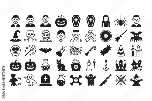 Spooky Halloween Icon Pack with Monsters, Pumpkins, Ghosts, and Seasonal Symbols