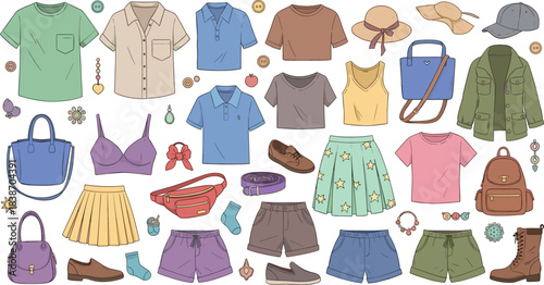 Colorful cartoon-style fashion clothing and accessories collection featuring shirts, dresses, shoes, hats, bags, and jewelry