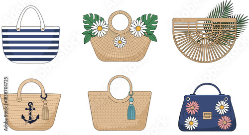 Handbag collection illustration, woven styles, bamboo purse, striped tote, floral bag, anchor design, tassel detail, summer fashion accessories