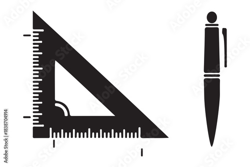 Black silhouette of a drafting triangle ruler and a pen isolated on white background for design and education