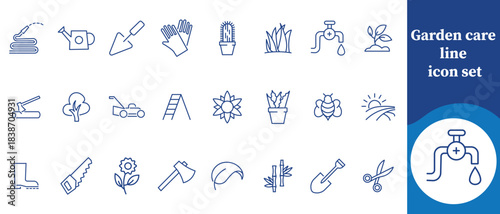 Garden care line icon set, cut, dig, separate, branch, transparent, can, outline, irrigation, construction, pruning, sprinkler, trowel, linear, black, handle, spade, water, tool and more