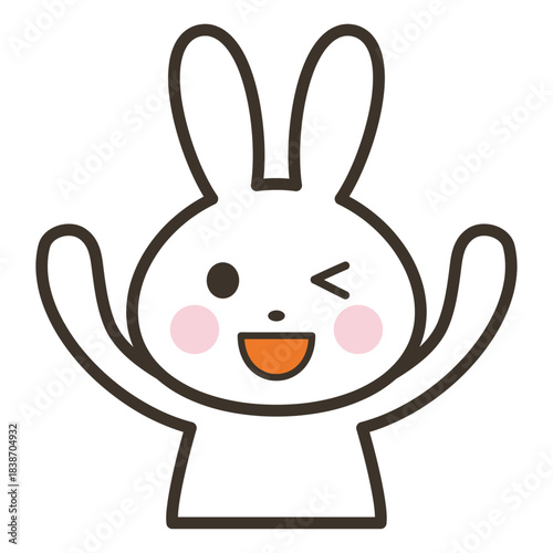 バンザイをして笑顔でウインクするかわいいうさぎのキャラクターの上半身イラスト
