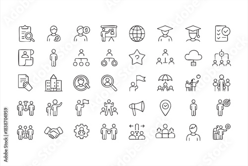Corporate People and Teamwork Line Icons for Performance, Goals, and Organizational UI