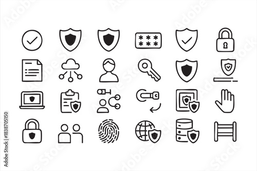 Data Security Line Icon Set with Shields, Locks, Authentication, and Cloud Protection