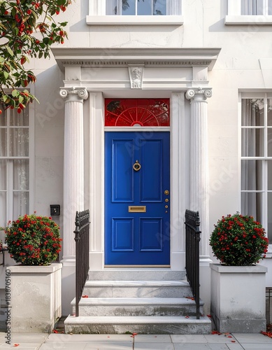 Vibrant Blue Door with Classic Architectural Details on a White Building Facade.