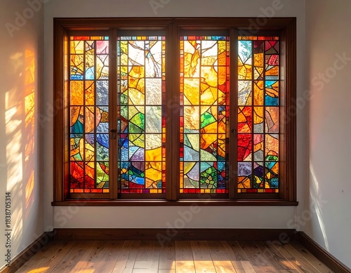 Vibrant Stained Glass Window Illuminating an Empty Room with Colorful Light Patterns.