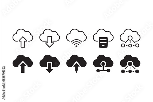 Cloud Computing Icons for Upload, Download, Storage, and Network Infrastructure