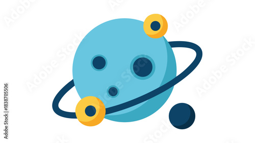 Pixelated Blue Planet with Yellow Moons Orbiting in Deep Space with Dark Background and Stars