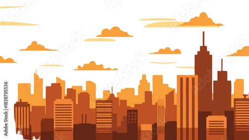 Pixelated Cityscape Silhouette at Dusk With Orange Clouds Against Black Sky Digital Art With Minimalist Buildings in Various Heights and Shapes