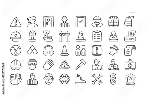Industrial Safety Symbols Featuring PPE Gear, Warning Signs, and Emergency Tools