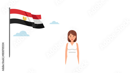 Pixelated Egyptian Flag Waving Beside a Woman in a White Dress Under a Cloudy Sky Representing National Pride and Identity