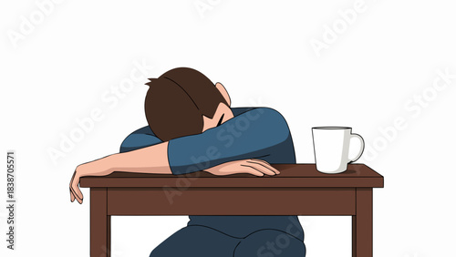 Pixelated man sleeping on a desk with a white mug beside him against a dark red background representing exhaustion and burnout