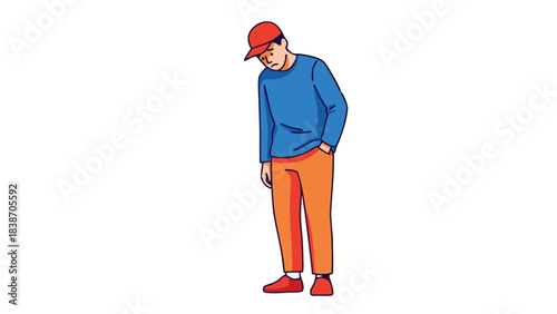 Pixelated Man Wearing Blue Long Sleeve Shirt Red Baseball Cap and Orange Pants Standing with Head Down and Hands in Pockets Against Black Background