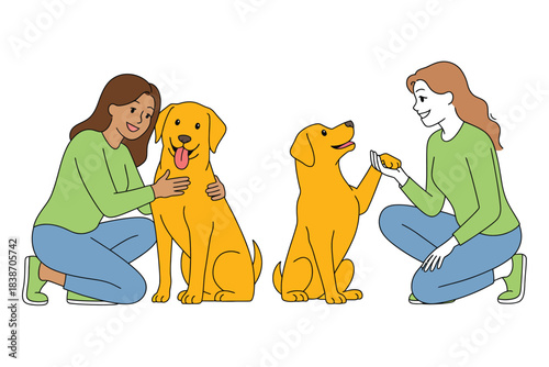 Two women happily interacting with their loyal dogs, showing companionship and care.