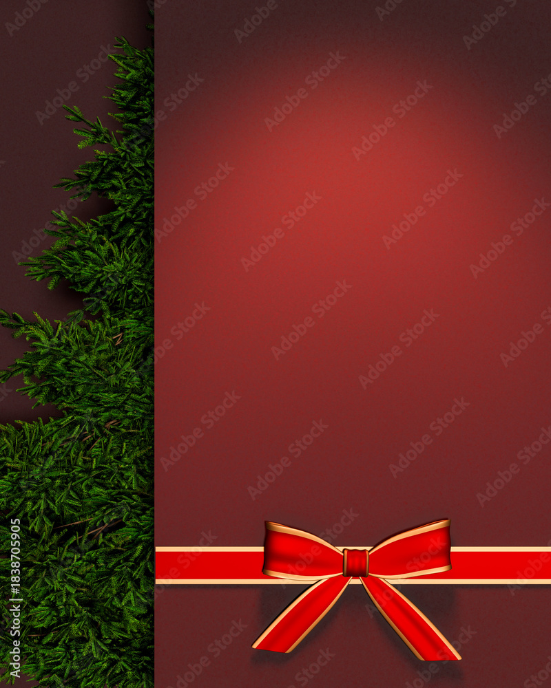 Fototapeta premium Red and golden bow ribbon tying around the wall aside green pine tree Christmas xmas card template.