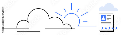 Cloud and rising sun symbol with digital profile and star rating. Ideal for career development, digital identity, online reviews, cloud technology, personal growth, futuristic themes, innovation