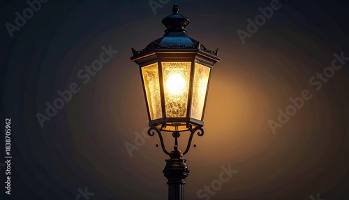 Vintage street lamp glowing warmly in the evening, casting a soft light against a dark background.