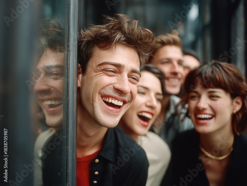 Candid laughter at a modern business meeting through glass walls urban environment close-up view
