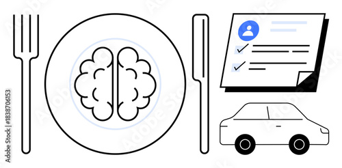 Brain on a plate with cutlery, checklist document, and car symbolizing knowledge consumption, decision-making, and mobility. Ideal for learning, mental health, lifestyle, mindfulness planning