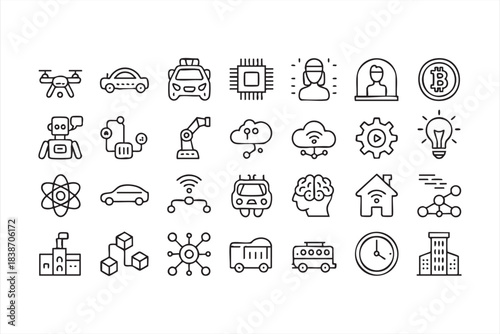 AI and Technology Line Icons for Automation, IoT, Blockchain, and Smart Systems
