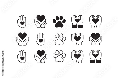 Minimal Line Icons of Hands Holding Hearts for Wellness and Charity Use