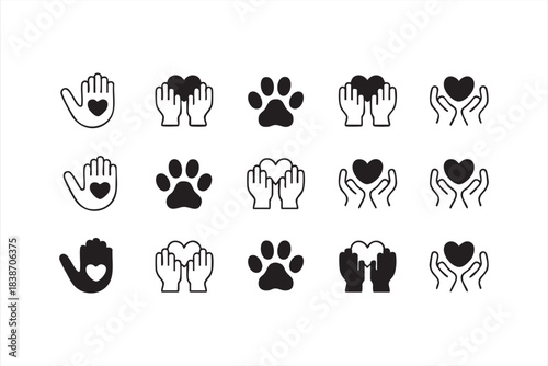 Compassion and Care Vector Icons with Pet Paws, Hearts, and Support Gestures