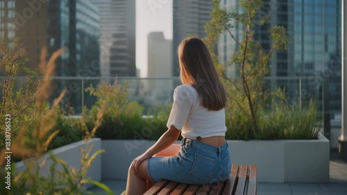 Young woman enjoying a serene moment on a rooftop garden overlooking a modern city skyline during golden hour