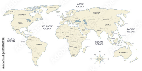 World map with countries names and seas. World map with grid . world map illustration with names