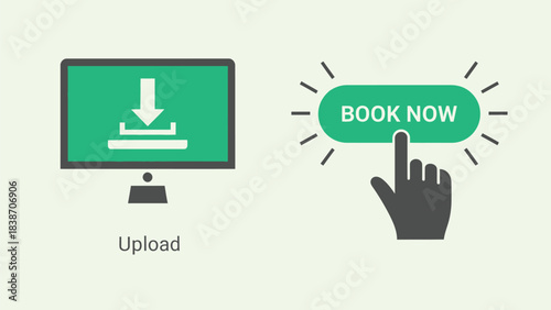 Vector illustration of Computer screen with upload icon and Book Now button with finger click representing online services and digital transactions flat vector illu