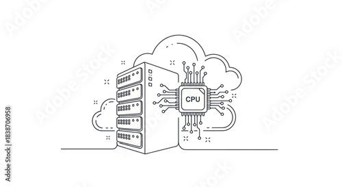 Black and white line art of a server rack CPU chip and cloud icon