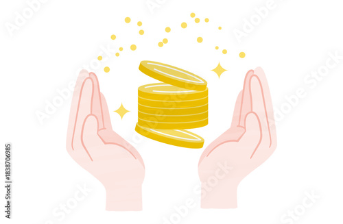 両手で大切にコインを持っているイメージのイラスト